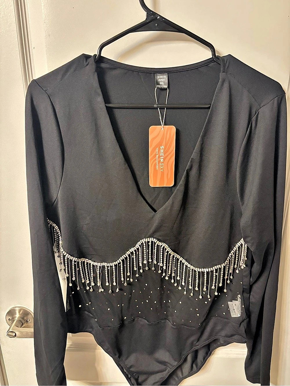 SHEIN SXY Plus Rhinestone Fringe Trim Mesh Insert Bodysuit NWT
